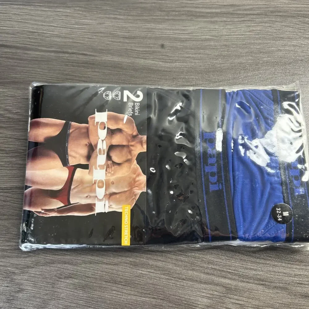 PAPI Techno Stretch Men’s Bikini Briefs 2 Pcs Size M 32-34 New Sealed Blue Black